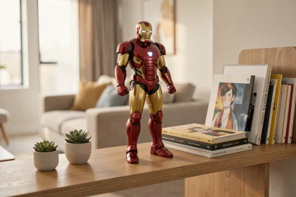 Statue Iron Man en métal rouge et or posée sur une étagère en bois dans un salon moderne contemporain