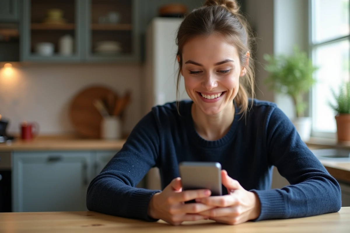 Femme consultant le suivi international d'un colis DPD sur son smartphone depuis sa cuisine