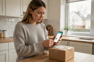 Jeune femme consultant le suivi de son colis Vinted Go sur smartphone avec un colis posé sur une table en bois
