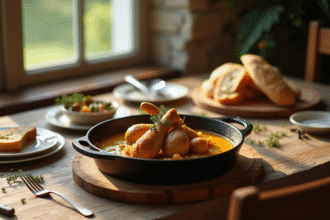 Table rustique avec plat de lapin à la moutarde