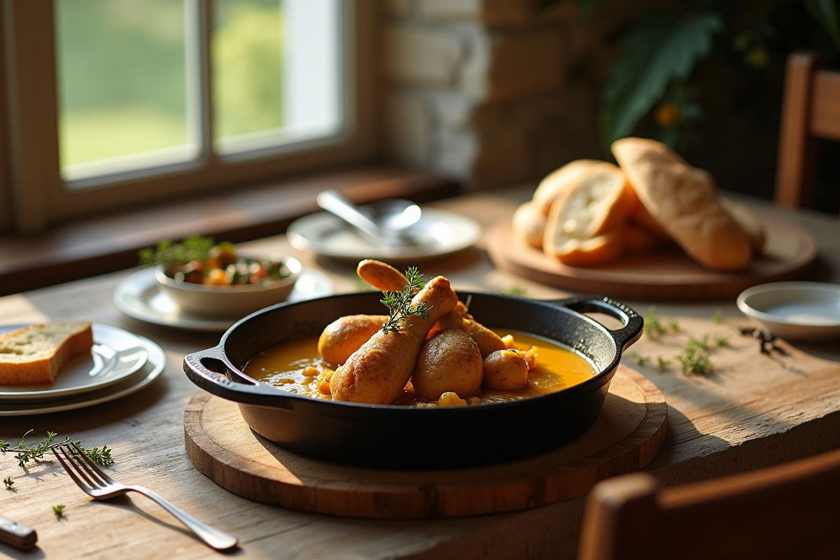 Table rustique avec plat de lapin à la moutarde