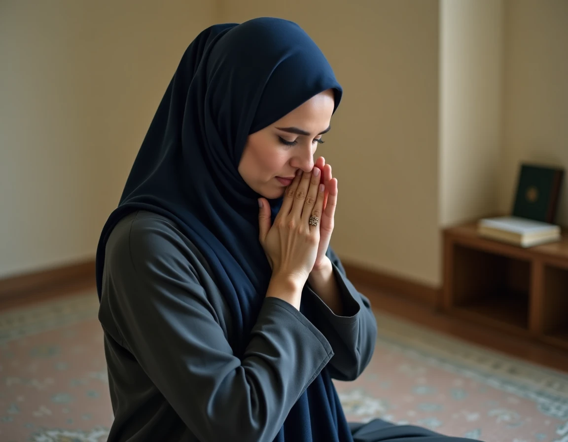 Femme musulmane accomplissant le tayammum en passant les mains sur son visage dans une salle de prière simple