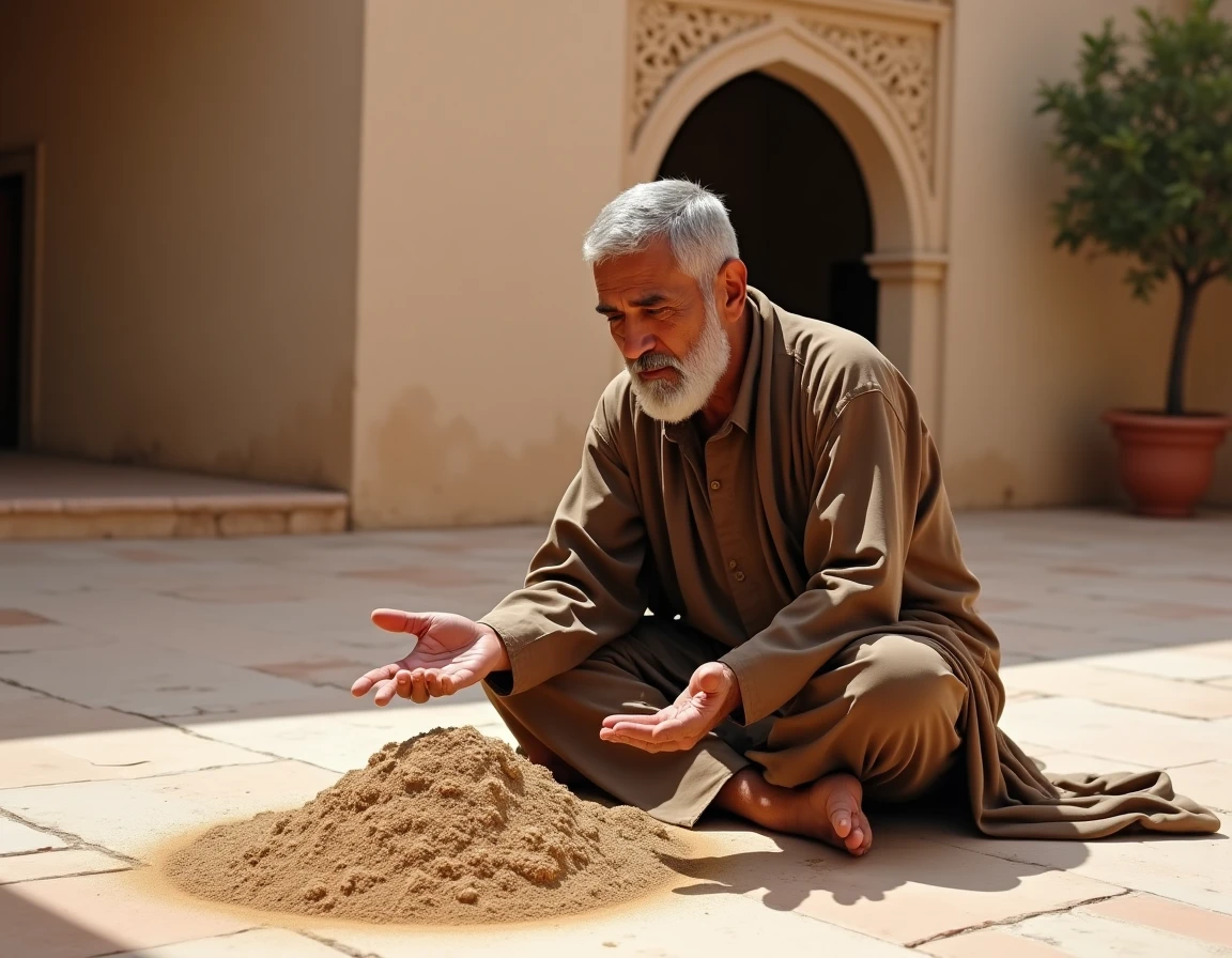 Homme âgé réalisant le tayammum avec de la poussière de pierre dans un patio traditionnel nord-africain