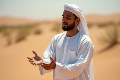 Homme musulman effectuant le tayammum en posant les mains sur le sable sec dans un environnement désertique aride