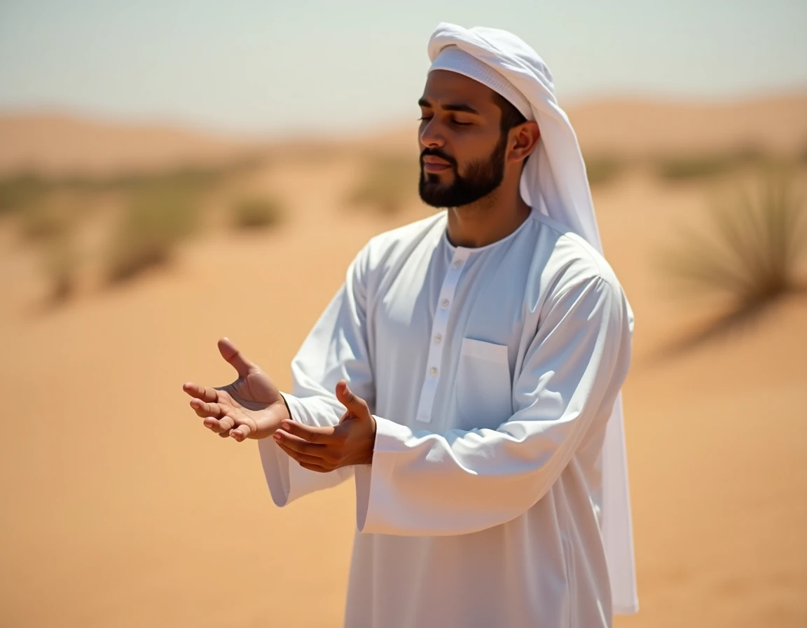 Homme musulman effectuant le tayammum en posant les mains sur le sable sec dans un environnement désertique aride