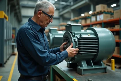 Technicien industriel inspectant un moteur synchrone sur un banc d'essai en atelier de fabrication