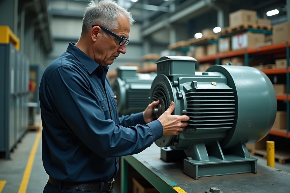 Technicien industriel inspectant un moteur synchrone sur un banc d'essai en atelier de fabrication