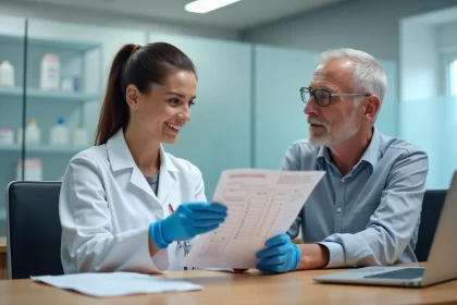 Technicienne de laboratoire expliquant des résultats d'analyses à un patient lors d'un suivi médical personnalisé