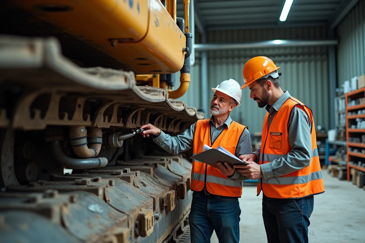 Deux techniciens examinant le circuit hydraulique d'une pelle mécanique dans un hangar de maintenance industrielle