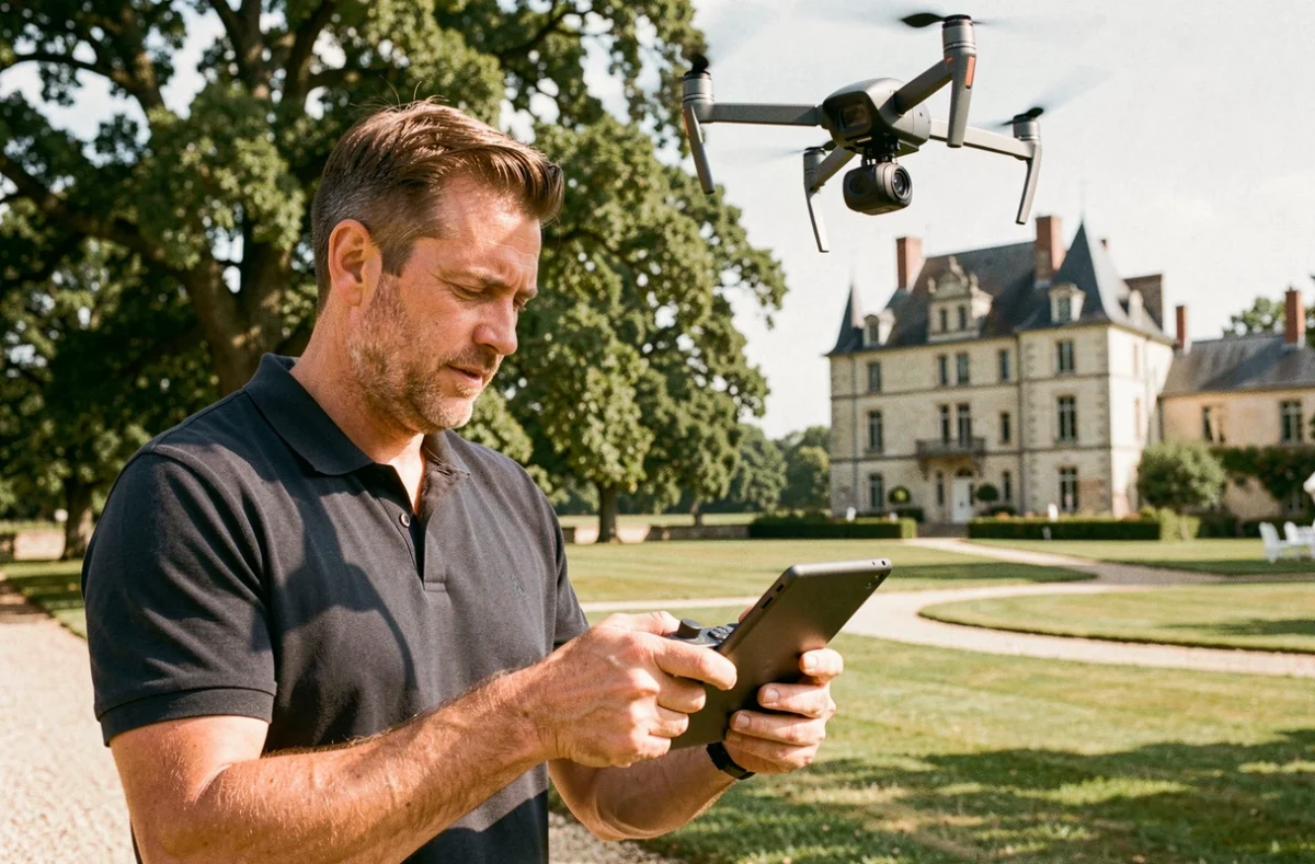 Photographe de mariage Timothy utilisant un drone professionnel devant un château bourguignon dans l'Yonne