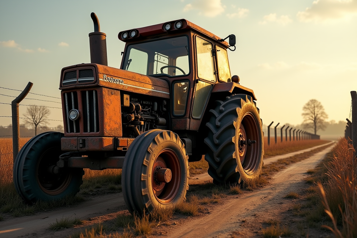 Tracteur usé et sale sur une route rurale en fin d