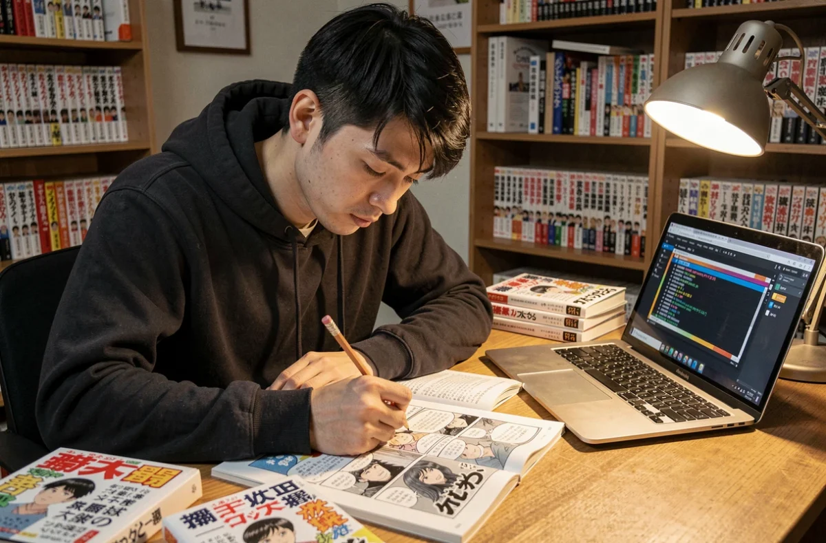 Jeune homme étudiant la traduction de manga japonais à son bureau avec des volumes de manga et des notes de traduction