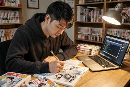 Jeune homme étudiant la traduction de manga japonais à son bureau avec des volumes de manga et des notes de traduction