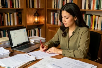 Traductrice marocaine annotant un texte français corrigé dans un bureau chaleureux rempli de livres et documents bilingues