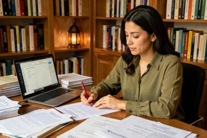 Traductrice marocaine annotant un texte français corrigé dans un bureau chaleureux rempli de livres et documents bilingues