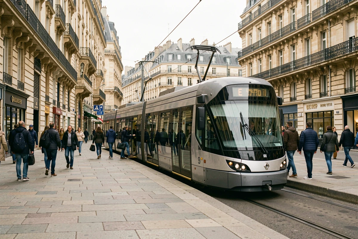 Tramway E de Bordeaux à l'arrêt en centre-ville avec des voyageurs qui montent et descendent sur un quai pavé