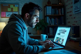 Homme consultant un site web satirique politique français sur un ordinateur portable dans un bureau encombré, symbolisant le trolling numérique contre le Rassemblement national