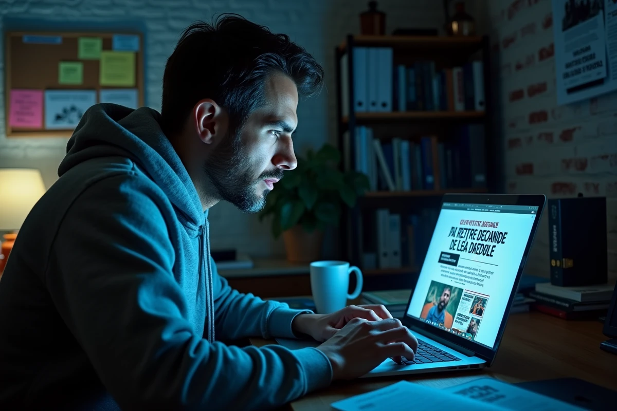 Homme consultant un site web satirique politique français sur un ordinateur portable dans un bureau encombré, symbolisant le trolling numérique contre le Rassemblement national