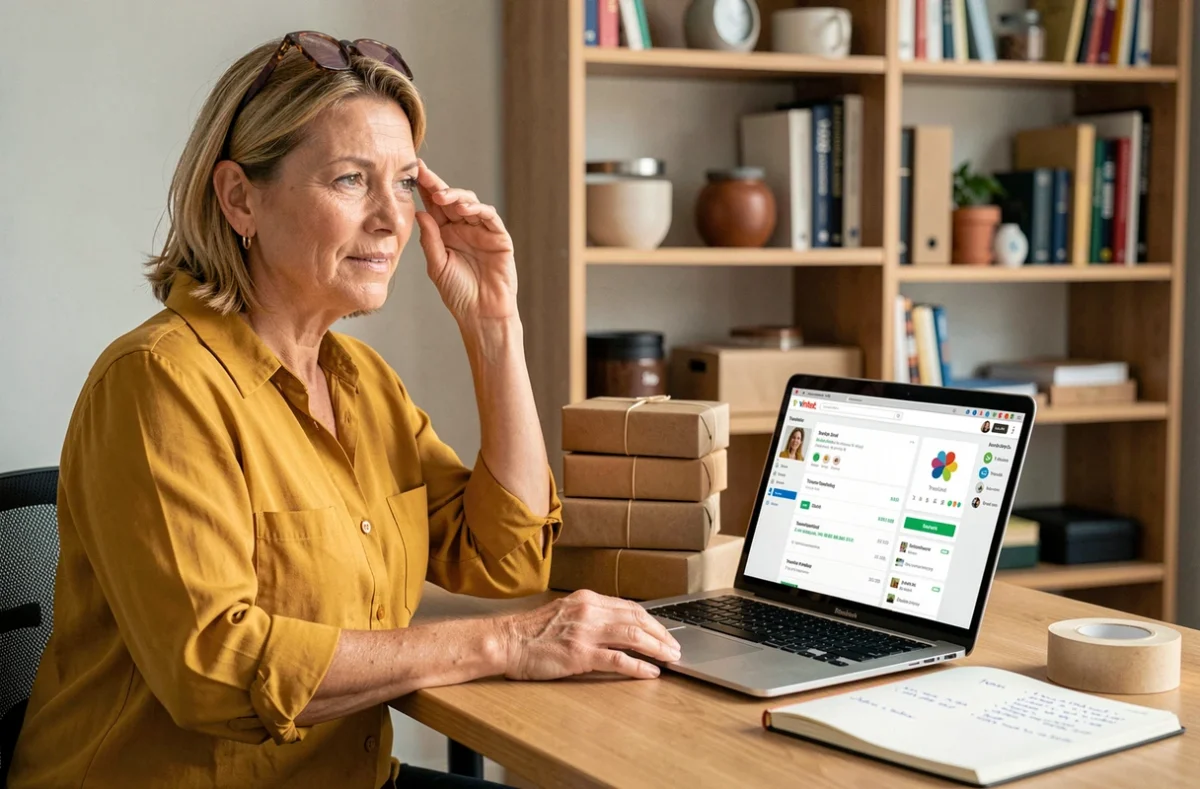 Vendeuse Vinted vérифiant le suivi d'un colis perdu sur son ordinateur depuis son bureau à domicile