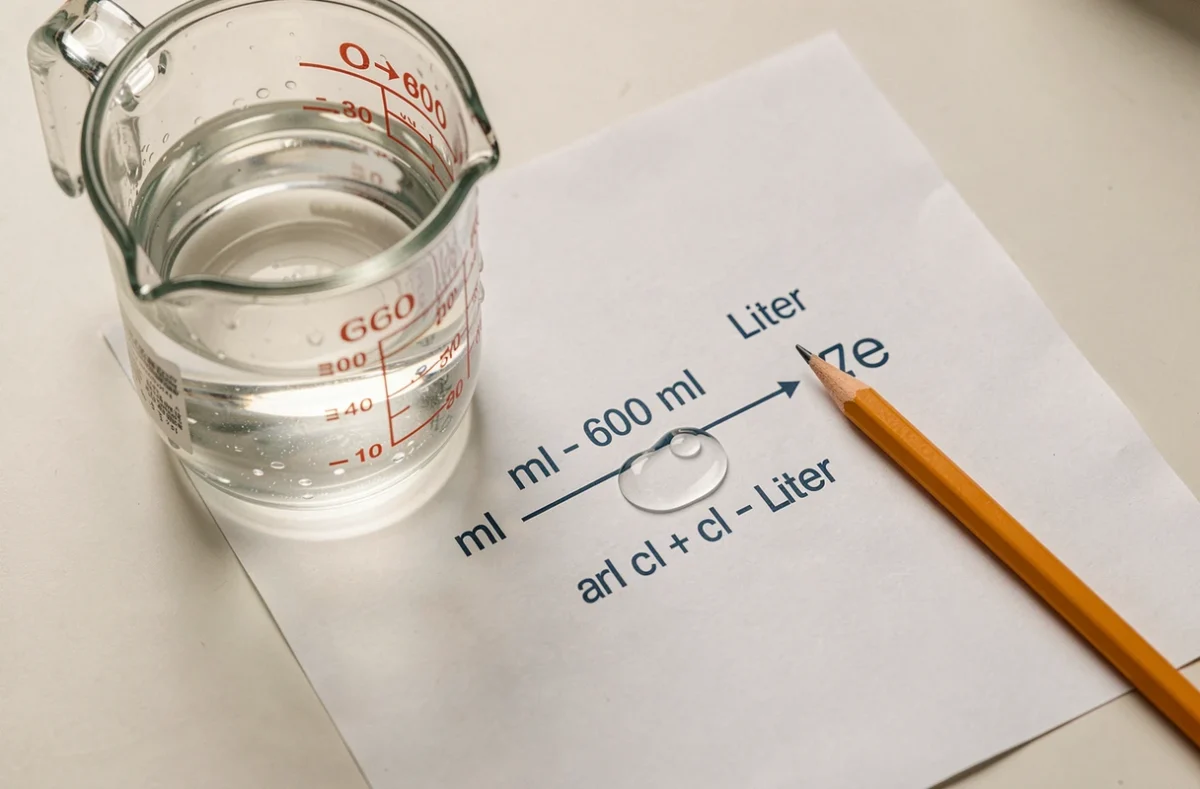 Vue aérienne d'un verre doseur à 600 ml avec un schéma imprimé expliquant la relation entre ml, cl et litre
