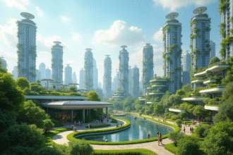 Ville futuriste écologique avec toits verts et panneaux solaires