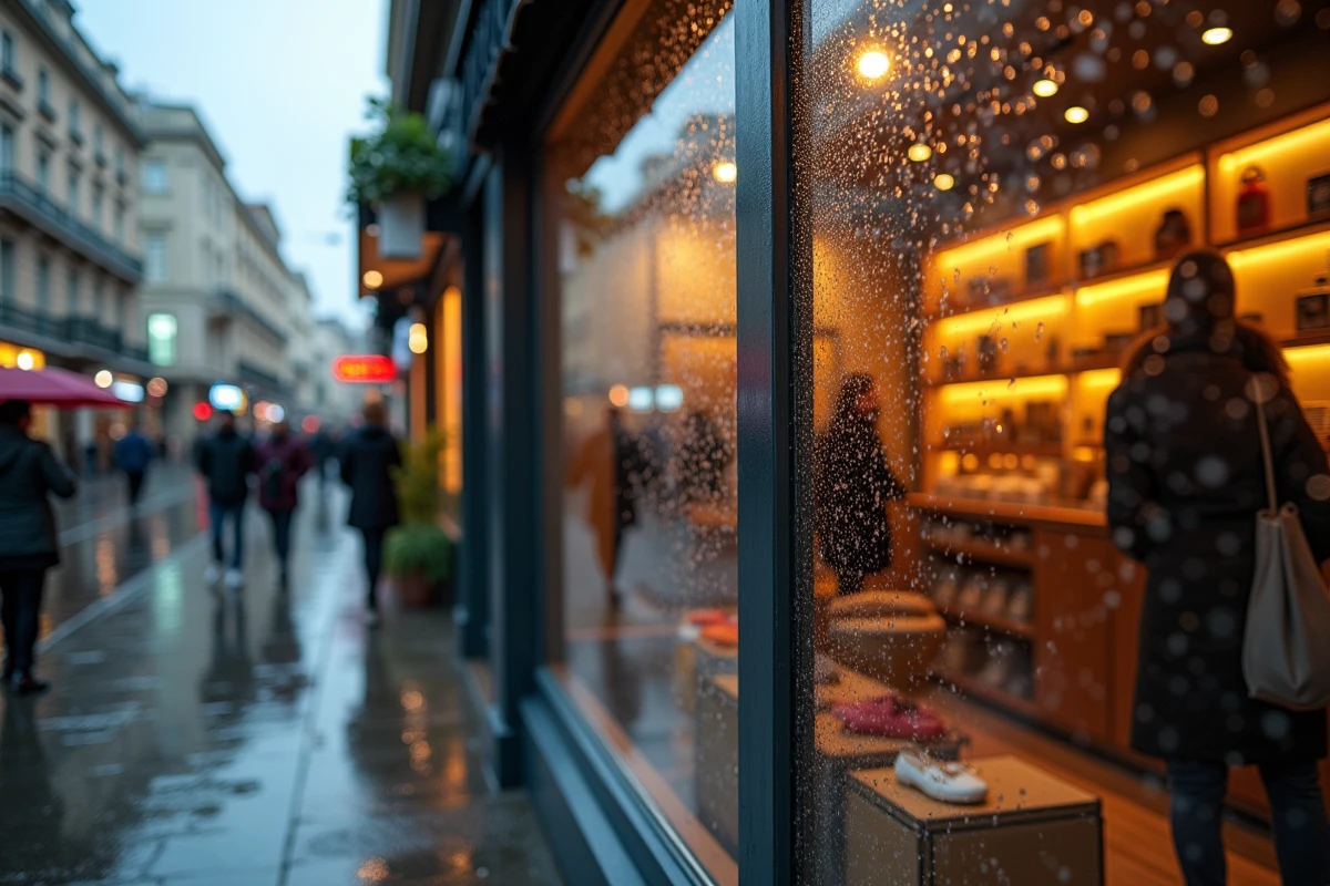 Vue depuis la rue mouillée d'une vitrine de magasin ouvert un dimanche pluvieux à Montpellier