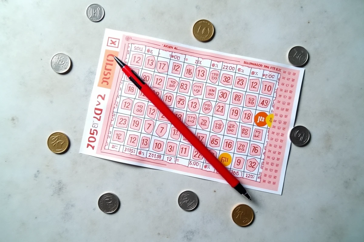 Vue aérienne d'une grille de ticket LOTO FDJ avec des numéros cochés et des pièces de monnaie