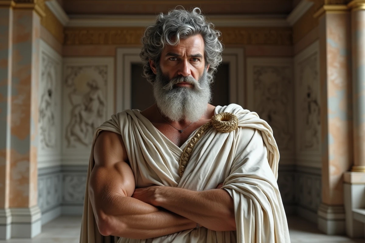 Zeus en robes royales dans une salle en marbre